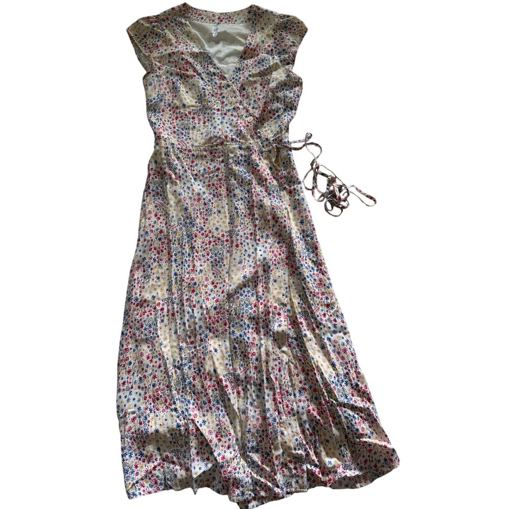Gap Wrap Midi Dress Cap Sleeves White Red Blue & Yellow Flowers Women's Size 4